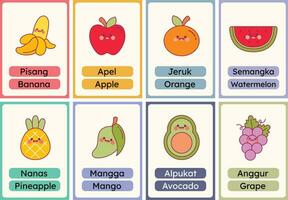 plat conception vecteur mignonne des fruits carte flash en train d'étudier apprendre imprimable pour des gamins activité