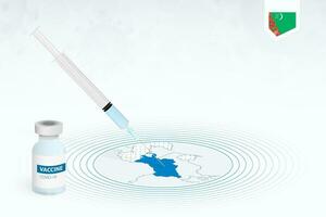 covid-19 vaccination dans turkménistan, coronavirus vaccination illustration avec vaccin bouteille et seringue injection dans carte de Turkménistan. vecteur