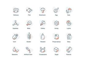 avoir une Achevée nourriture allergie Icônes ensemble, avec symboles pour gluten, laitier, cacahuètes, et divers commun allergènes. vecteur