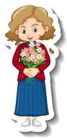 une fille tenant un autocollant de personnage de dessin animé de bouquet vecteur