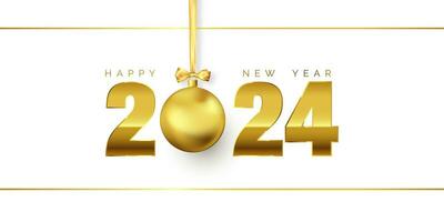 content Nouveau année vacances salutation carte. d'or texte 2024 avec Noël Balle sur or ruban avec arc. 2024 de fête modèle. vecteur illustration isolé sur blanc