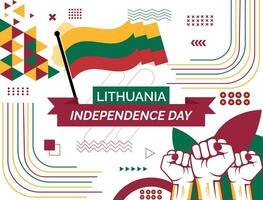 Lituanie nationale journée bannière avec carte, drapeau couleurs thème Contexte et géométrique abstrait rétro moderne coloré conception avec élevé mains ou poings. vecteur