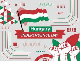 Hongrie nationale journée bannière avec carte, drapeau couleurs thème Contexte et géométrique abstrait rétro moderne coloré conception avec élevé mains ou poings. vecteur