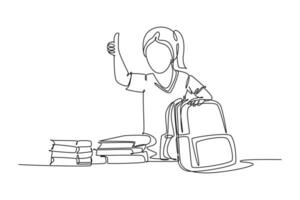 Célibataire un ligne dessin Jeune content élémentaire école fille étudiant emballage empiler de livres en haut à mettre dans le sac. des gamins éducation concept. moderne continu ligne dessiner conception graphique vecteur illustration