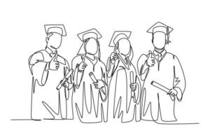 Célibataire un ligne dessin groupe de diplômé Masculin et femelle Université étudiant portant robe uniforme et tenir diplôme certificat papier. éducation concept. continu ligne conception graphique vecteur illustration