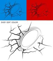 Balle pour le rugby frappé mur puissamment et endommagé, des fissures sur mur. des sports conception élément. actif mode de vie. vecteur sur blanc ou Couleur Contexte avec des fissures