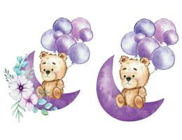 mignonne bébé ours avec des ballons aquarelle illustration, peu ours avec des ballons isolé sur blanc Contexte. main tiré charmant animal pour garderie décor les enfants illustration. bébé douche concept vecteur