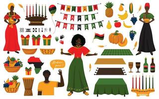 ensemble de décoratif éléments pour africain américain vacances kwanzaa. femmes dans Robes, bougeoir, Kinara, des fruits, cadeau des boites, mkeka, tambouriner, tasse, bouteille, panneaux de des principes. isolé vecteur illustration