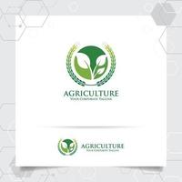 création de logo agricole avec icône de grain et vecteur de feuilles de plantes.