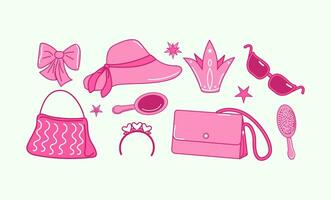 rose mode ensemble, rose poupée accessoires, collection. sac, embrayage, cosmétique sac, cheveux accessoires, chapeau, Princesse couronne. vecteur illustration, isolé Contexte.