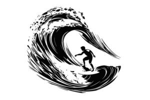 surfant sur une vague dans le océan. le surf cavalier sur gros vagues. surfeur vecteur illustration conception pour t chemise impression ou club bannière.