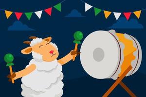 mouton heureux jouant du tambour célébrant l'adha vecteur