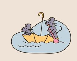 deux souris mignonnes traversent une flaque d'eau dans un bateau parapluie. vecteur