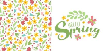 motif sans couture dessiné main floral printanier, lettrage bonjour printemps vecteur