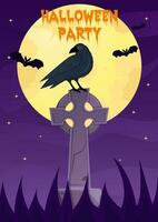 Halloween nuit fête arrière-plan, invitation avec vieux pierre tombale et corbeau vecteur
