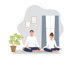 un couple méditant en posture de lotus à la maison. pratique du yoga à la maison vecteur