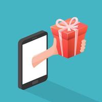 concept de cadeau en ligne par smartphone. illustration vectorielle vecteur