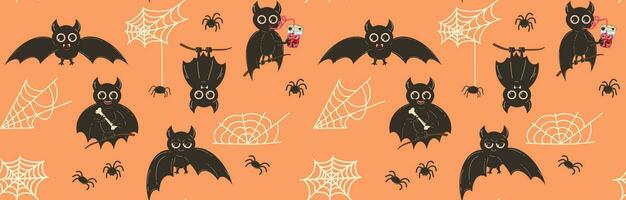 sans couture modèle pour Halloween avec chauves-souris et toiles d'araignées. vecteur Contexte avec mignonne chauve souris personnage dans plat rétro style.