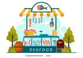 Fruit de mer marché stalle vecteur illustration avec Frais poisson des produits tel comme pieuvre, palourdes, crevette et Homard dans plat dessin animé Contexte conception
