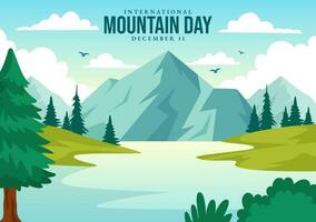 international Montagne journée vecteur illustration sur décembre 11 avec montagnes panorama, vert vallée et des arbres dans plat dessin animé Contexte conception