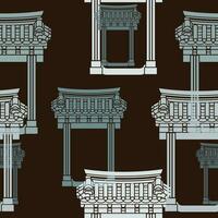 modifiable traditionnel coréen hanok porte bâtiment vecteur illustration avec foncé Contexte comme sans couture modèle pour Oriental histoire et culture en relation conception