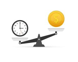 temps est argent sur Balance icône. argent et temps équilibre sur escalader. vecteur illustration.