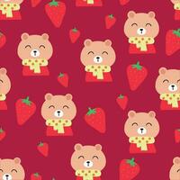 mignonne ours portant une écharpe et des fraises sans couture modèle pour en tissu impressions, textile, cadeau emballage papier. coloré vecteur pour enfants, plat style