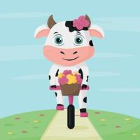 vache mignonne de bande dessinée faisant du vélo au printemps vecteur