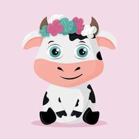 vache de dessin animé mignon avec des fleurs vecteur