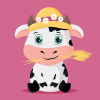 jolie illustration d'une vache avec son chapeau de paille prêt pour le printemps vecteur