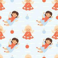 Noël des gamins sans couture modèle. mignonne ange les filles sur lumière Contexte avec Noël des balles. vecteur illustration dans dessin animé style. Noël hiver collection pour conception, textile, emballage, fond d'écran.