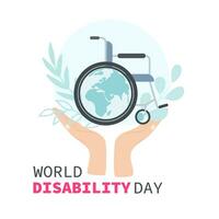 monde invalidité. concept de justificatif gens avec handicapées. mains en portant une globe et une fauteuil roulant. moderne vecteur illustration.