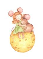 souris de fille mignonne embrasse une petite souris assise sur la lune de fromage. vecteur