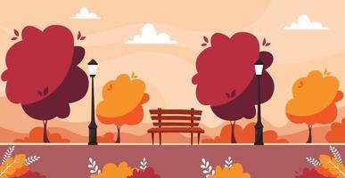 parc de la ville d'automne avec arbres, buissons, banc, éclairage public vecteur