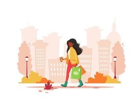 femme noire faisant du shopping dans la ville avec du café. mode de vie urbain vecteur