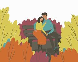un couple d'amoureux est assis sur un banc dans un parc d'automne dans une étreinte vecteur