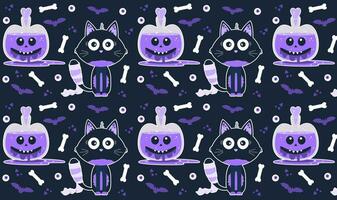 sans couture vecteur Halloween modèle sur une violet Contexte. une chat et une potion avec marrant visages. illustration