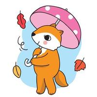 dessin animé mignon main dessiner renard et parapluie, vecteur d'automne.