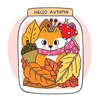 dessin animé mignon main dessiner renard dans le vecteur d'automne en verre de bottel.