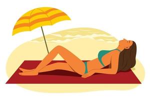 femme aime bronzer sur la plage pour la saison estivale. vecteur