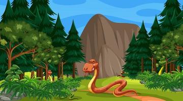 un personnage de dessin animé de serpent dans une scène de forêt avec de nombreux arbres vecteur