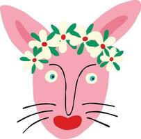 charmant bizarre rose lapin visage avec floral couronne. moderne main tiré dessin animé illustration de lapin dans griffonnage style vecteur