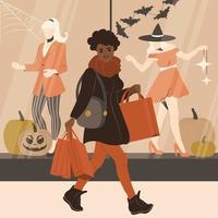 femme afro-américaine fait du shopping avant halloween vecteur