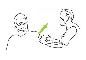 dessin au trait continu d'un médecin portant un masque de protection donnant un vaccin vecteur