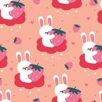 sans couture modèle dessin animé lapin en portant une fraise sur une rose nuage. mignonne animal fond d'écran illustration pour cadeau emballage papier vecteur