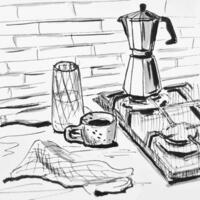 esquisser cuisine dans le Matin geyser café fabricant et tasse de café main tiré illustration vecteur