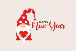 content Nouveau année salutation carte avec une jardin gnome dans rouge chapeau avec cœur. Noël gnome pour Nouveau années carte dans une minimaliste style. vecteur illustration