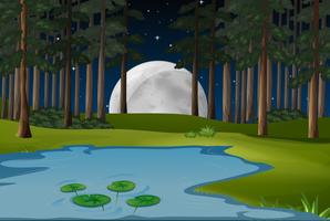 Scène de la nature avec la pleine lune et un étang en forêt vecteur