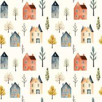 scandinave Maisons sans couture modèle. mignonne aquarelle bâtiments et des arbres. branché scandi imprimer, décoratif vecteur Contexte