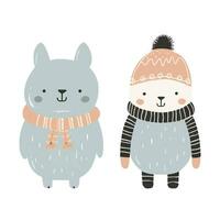 main tiré griffonnage animaux. mignonne scandinave animaux dans hiver vêtements. hiver forêt vecteur illustration